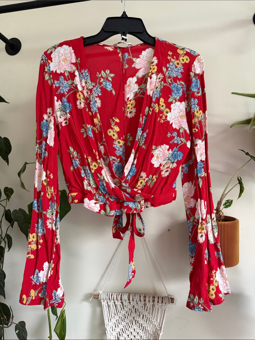 Miss Selfridge Red Floral Wrap Crop Top